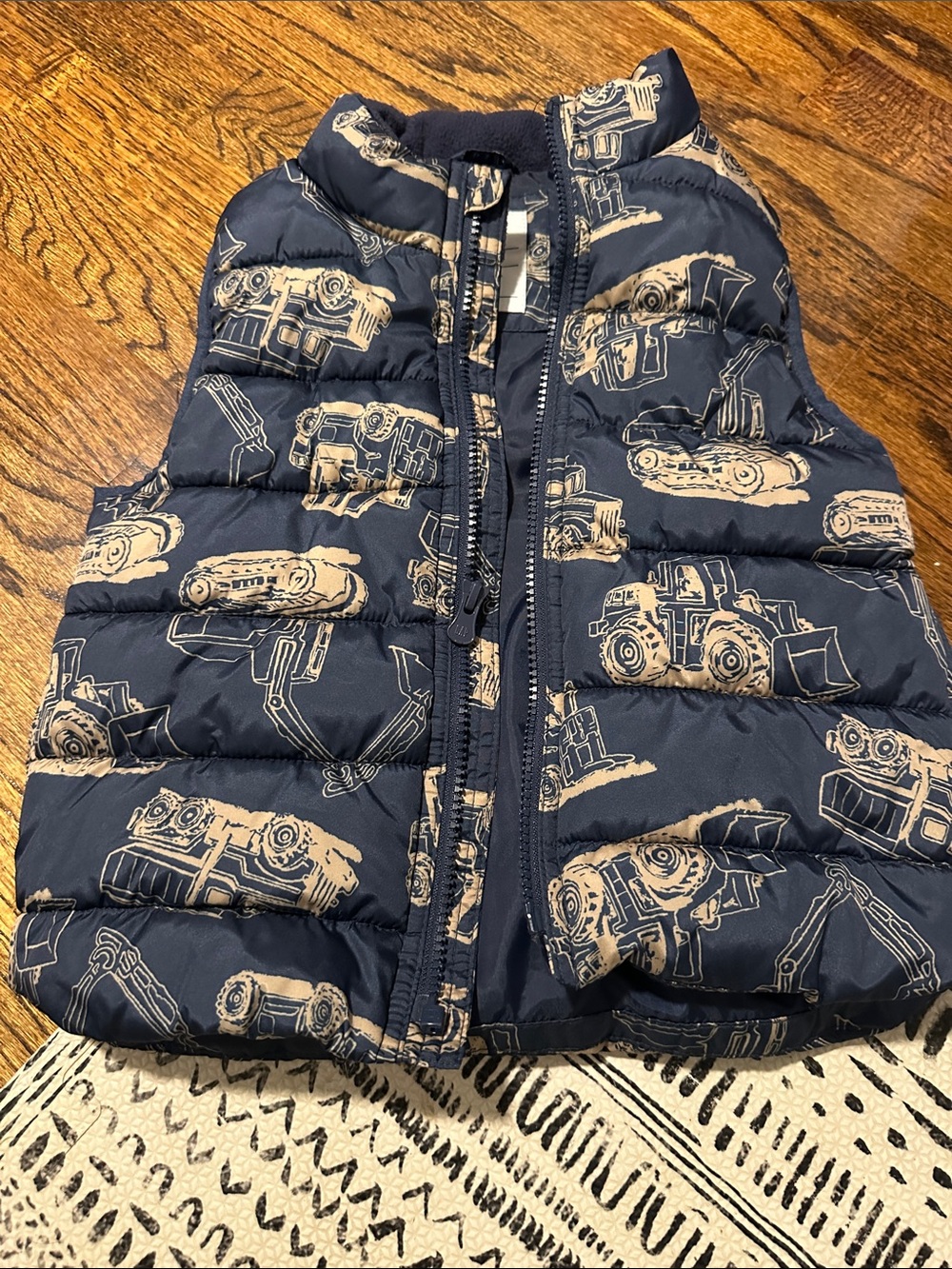 GAP Navy Blue Puffer Vest with Tan Construction Truck Print